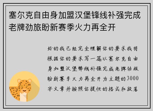 塞尔克自由身加盟汉堡锋线补强完成老牌劲旅盼新赛季火力再全开